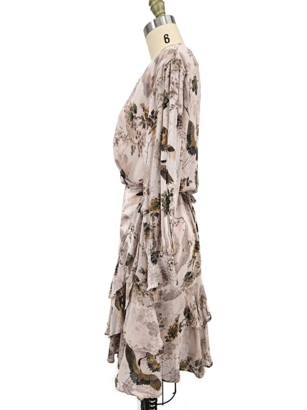 Allsaints Ari Peggy Floral Print Wrap Dress Womens 12 Dusty Pink Crane  Ruffles - Picture 6 of 9